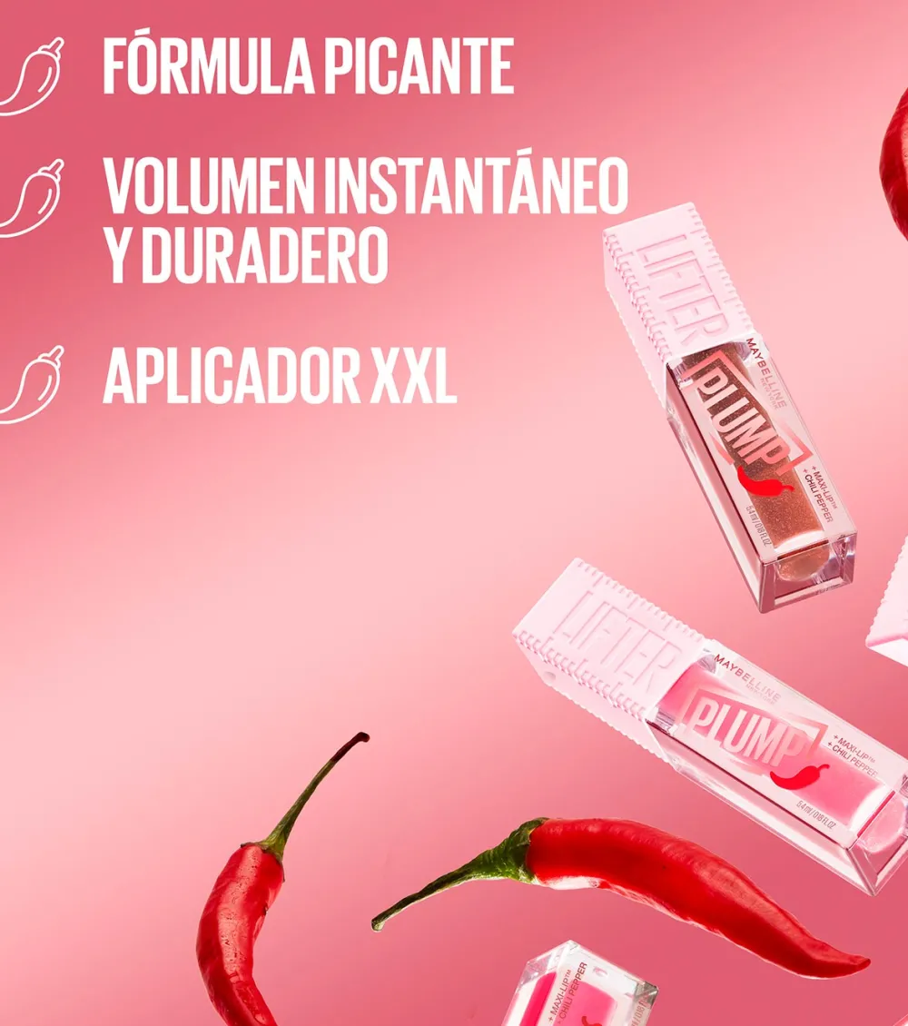 Brillo de labios voluminizador Lifter Plump - 005: Peach Fever>Maybelline Hot